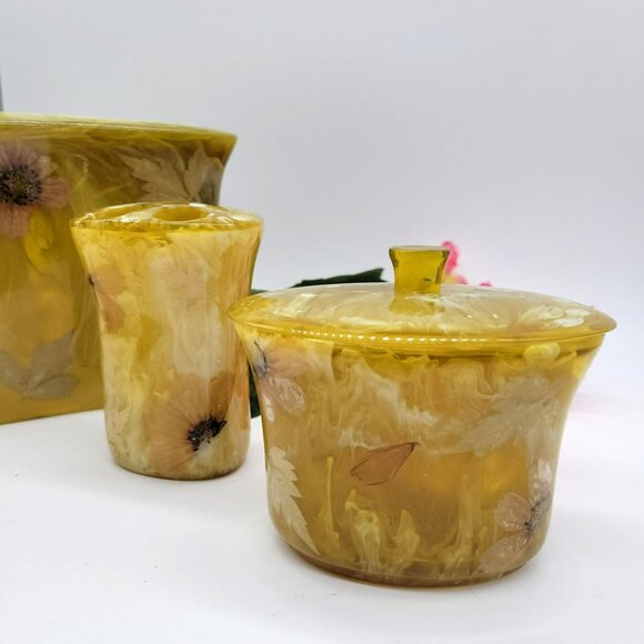 3 Pc Bathroom Set Tissue Box Toothbrush Holder Canister Pressed Flowers Acrylic - Picture 2 of 16